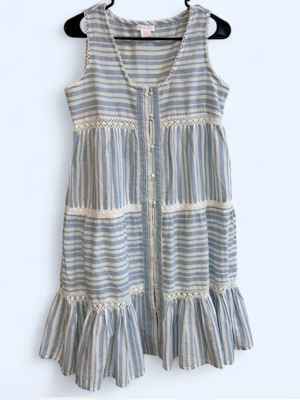 Shabby Chic Blue & White Striped Cotton Dress with Lace Panels